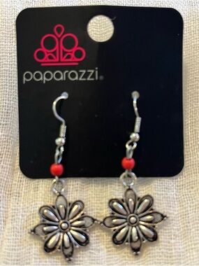 paparazzi Silver Floral Drop Earrings with Red Accent Beads